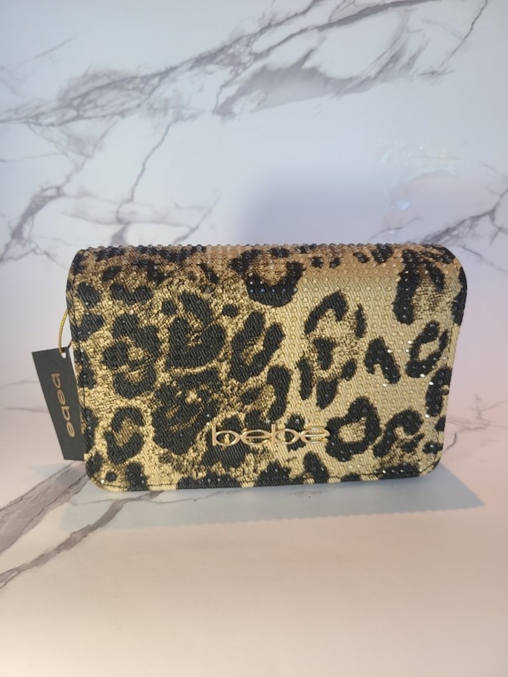 bebe Gold and Black Leopard Small Sequin Clutch Wristlet